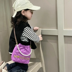 Girl's purple quilted handbag with pearl handle and golden chain crossbody strap
