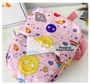 Practical front zipper pocket of a pink cosmic theme canvas backpack for kids