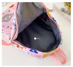 Interior view of the pink space-themed toddler backpack with durable grey fabric lining