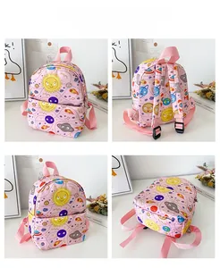 Pink canvas kids backpack with cartoon space prints shown from four different angles
