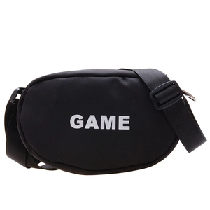 Black canvas crossbody bag for kids featuring GAME print and adjustable shoulder strap