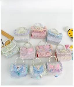 Détails de sacs pour enfants en tissu pailleté avec dentelle et anses en perles