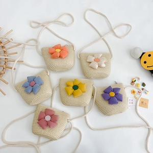 Sac À Bandoulière En Paille Pour Enfants Sac À Main Tissé Avec Décoration Florale Plage D'été Mignon Pour Petites Filles