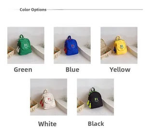 Detail display of mini canvas backpacks for kids in green blue yellow white and black