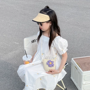 Sac bandoulière en paille pour filles avec fleur violette et chapeau de soleil assorti