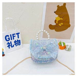 Detail of light blue woven mini bag with sequin bow, crown and pearl handle for girls
