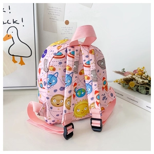 Detailed back view of pink toddler backpack with adjustable straps and space pattern