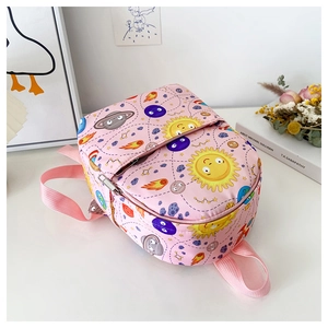 Detail view of pink toddler backpack with cute cartoon planet prints and silver zippers