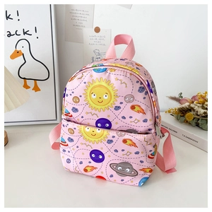 Pink kids dinosaur backpack featuring colorful cartoon space prints and metal zippers
