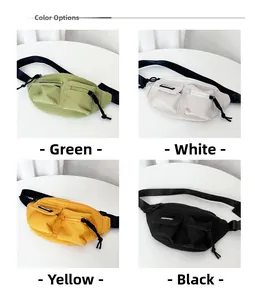 Dettaglio dei marsupi in tela per bambini nei colori verde, bianco, giallo e nero
