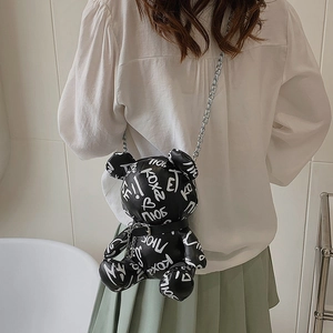 Graffiti bear shaped crossbody bag with silver metal chain and cool cartoon lettering