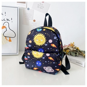 Detail of navy blue kids backpack featuring space cartoon prints and planets
