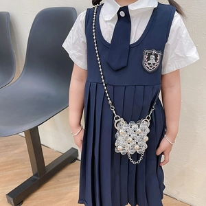 Ensemble uniforme scolaire bleu marine pour filles avec jupe plissée et sac en perles perlé