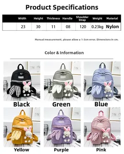 Size chart for kids nylon backpack showing dimensions and six available pastel colors
