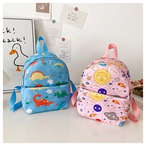 Blue dinosaur and pink space print backpacks for toddlers with front zipper pocket