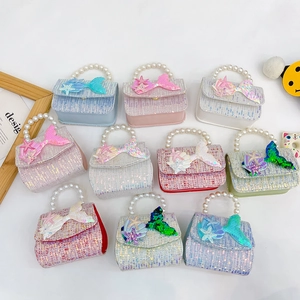 Girls Sequin Tweed Crossbody Bag Mermaid Theme Mini Handbag With Artificial Pearl Handle And Metal Chain Princess Shoulder Bag