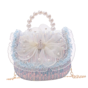 Cute girl's princess pearl handbag with pink tweed sequins and large organza bow