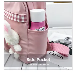Detail view of the functional side pocket on this pink toddler bunny backpack