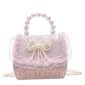 Sac à main pour filles en tweed rose à paillettes avec anse perle et nœud élégant