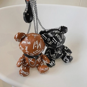 Trendy Bear Shape Crossbody Bag PU Leather Graffiti Letter Print Metal Chain Cute Street Style Shoulder Bag For Girls