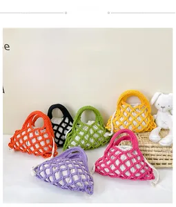 Multi-color crochet net bucket bags for kids with cotton drawstring inner pouches