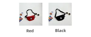 Detail showing red and black canvas waist bags for boys with cute cartoon bear patches