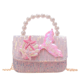 Pink sequin mermaid princess bag for girls with pearl handle and shell charms