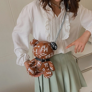 Cute brown bear graffiti leather crossbody bag for girls with silver metal chain strap