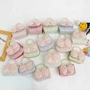 Kids Mini Shoulder Bag Tweed Princess Handbag With Artificial Pearl Handle Mesh Bow Ribbon Metal Chain For Girls Cute Fashion