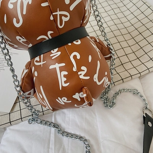 Cute bear-shaped brown PU leather crossbody bag with graffiti print and silver chain strap