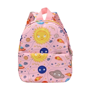 Pink toddler backpack featuring cute cartoon space planets and rocket ship patterns