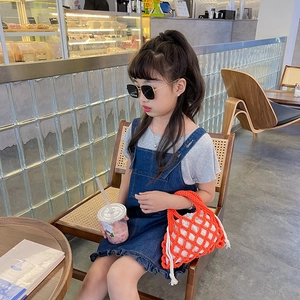 Kids orange woven hollow bucket bag and denim ruffle dress for stylish summer outfits