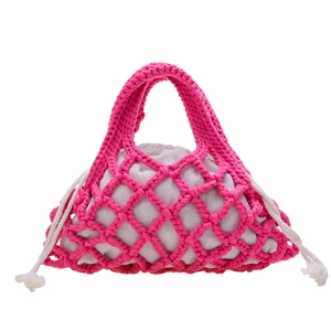 Bohemian rose red woven mesh bucket bag for kids with cream drawstring canvas liner