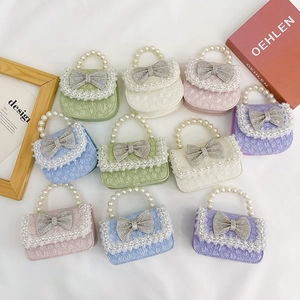 Kids Princess Mini Crossbody Bag Artificial Pearl Handle Rhinestone Bow Lace Trim Sweet Style For Girls Handheld Shoulder Bag