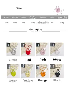 Size guide for mini PU bow crossbody bag showing dimensions 14x12x7cm and color options