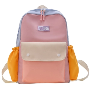 Vibrant color-block kids backpack with multiple pockets and fashion label on front