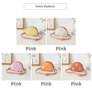 Detailed close-up showing five color variants of sequined starfish crossbody bags for girls