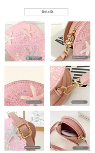 Detail view of pink sequin mini bag featuring starfish charm and golden flower zipper