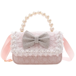Pink girls bow handbag with pearl handle and lace trim, cute princess crossbody bag