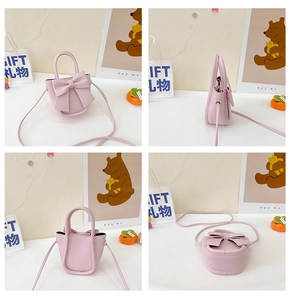 Quad-view detail of pink PU mini crossbody bag showing bow accents and product structure