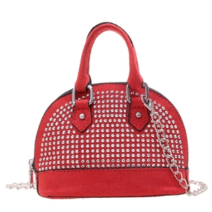 Mini red shell bag for girls with shiny silver studs and a chic metal chain strap