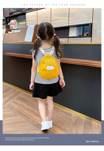 Detail of yellow toddler backpack featuring a cartoon bear and white wings on a canvas surface
