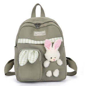 Olive green kids canvas backpack with cute plush bunny and green plaid pocket detailing