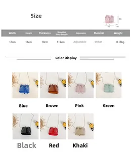 Detailed size chart and dimensions of the velvet bucket bag with rhinestone chain strap