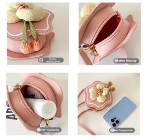Detailed four-view display of pink floral girl purse including interior and size comparison