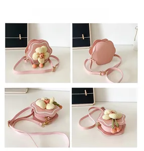 Detailed four-view display of pink PU leather flower crossbody bag for girls