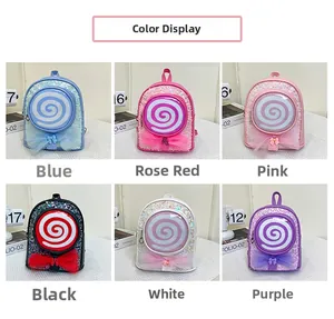 Overview of children's sequin mini backpacks in six colors with lollipop window design