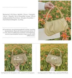 Size comparison of beige pleated shoulder bag with A4 paper and iPad display