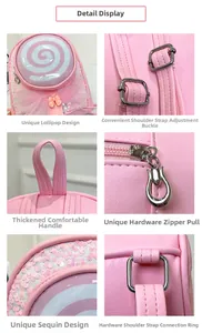 Detail view of pink lollipop backpack with sequins, hardware buckles, and thickened handle