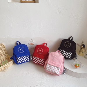 Kids Backpack Canvas Smile Face Checkerboard Lightweight Breathable School Bag For Toddler Boys Girls With Bear Charm